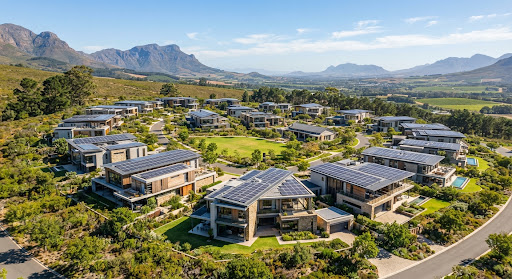 Modern eco-estate with rooftop solar arrays