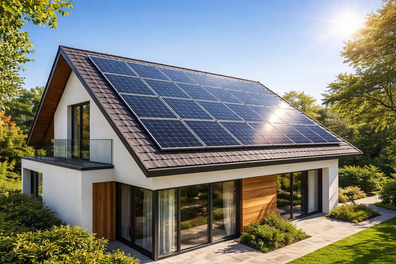 Modern home with a rooftop solar array